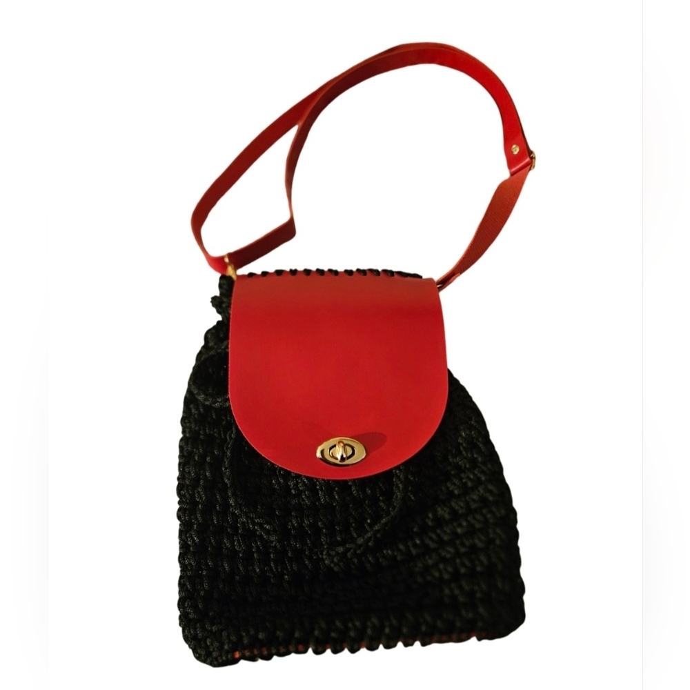 Hand Crafted Crochet Bag Handmade Purse Black Red Nylon